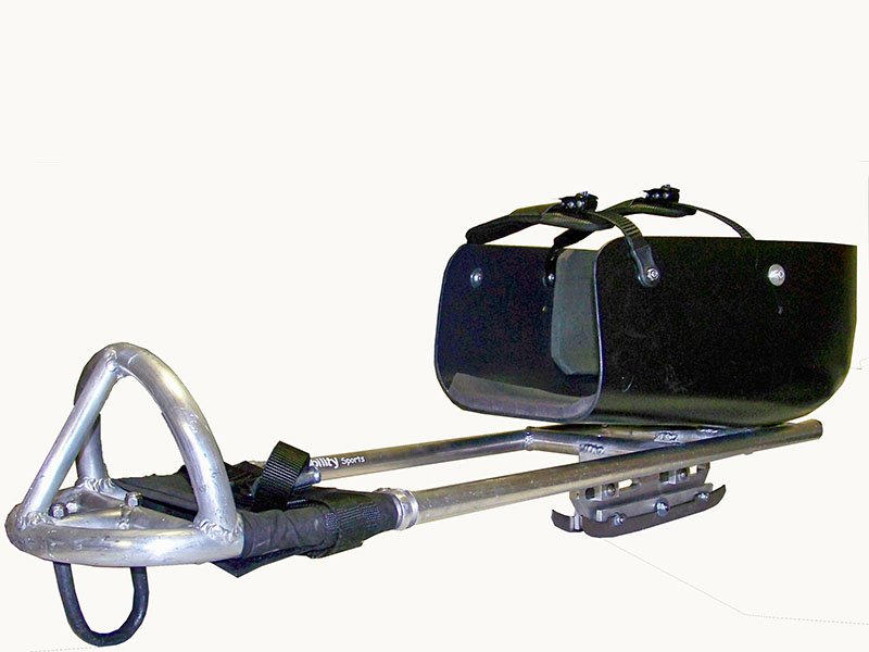 An Ice Sledge, a seat with a bar that extends forward with support for legs and feet. Ice runners or blades on the bottom glide along the ice with movement provided by ice pick handles that are used with the hands