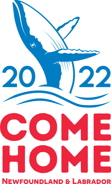 Newfoundland and Labrador Come Home Year 2022 logo that uses a graphic of a humpback whale breaching