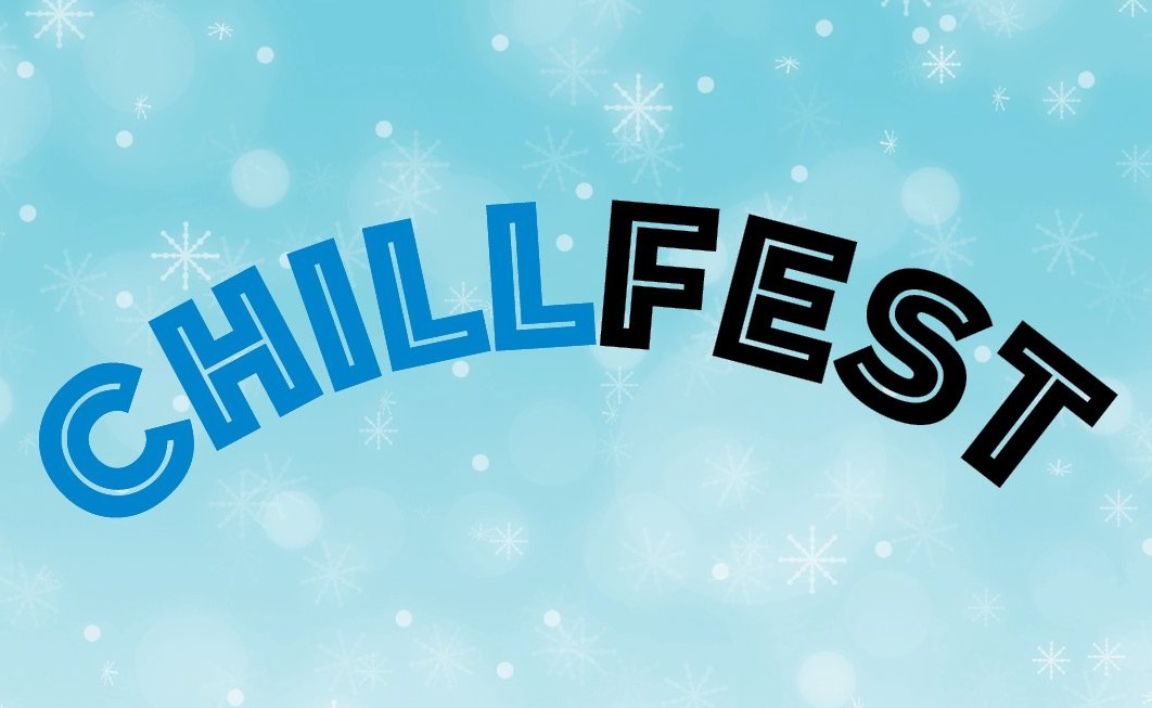 stylized snowflake background in light blue with text Chillfest