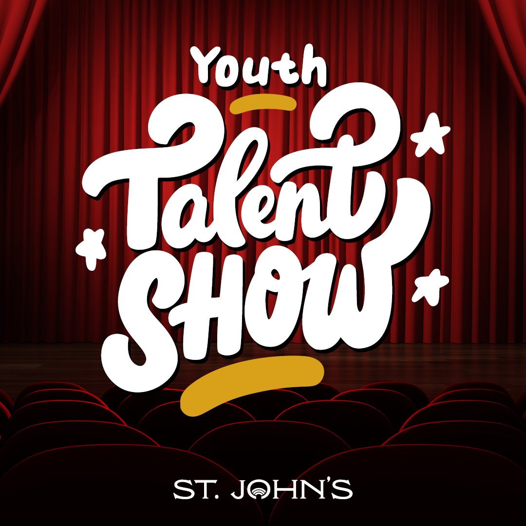 Red curtain and chairs with white text that says Youth Talent Show Apply by January 12 and includes St. John's logo. 