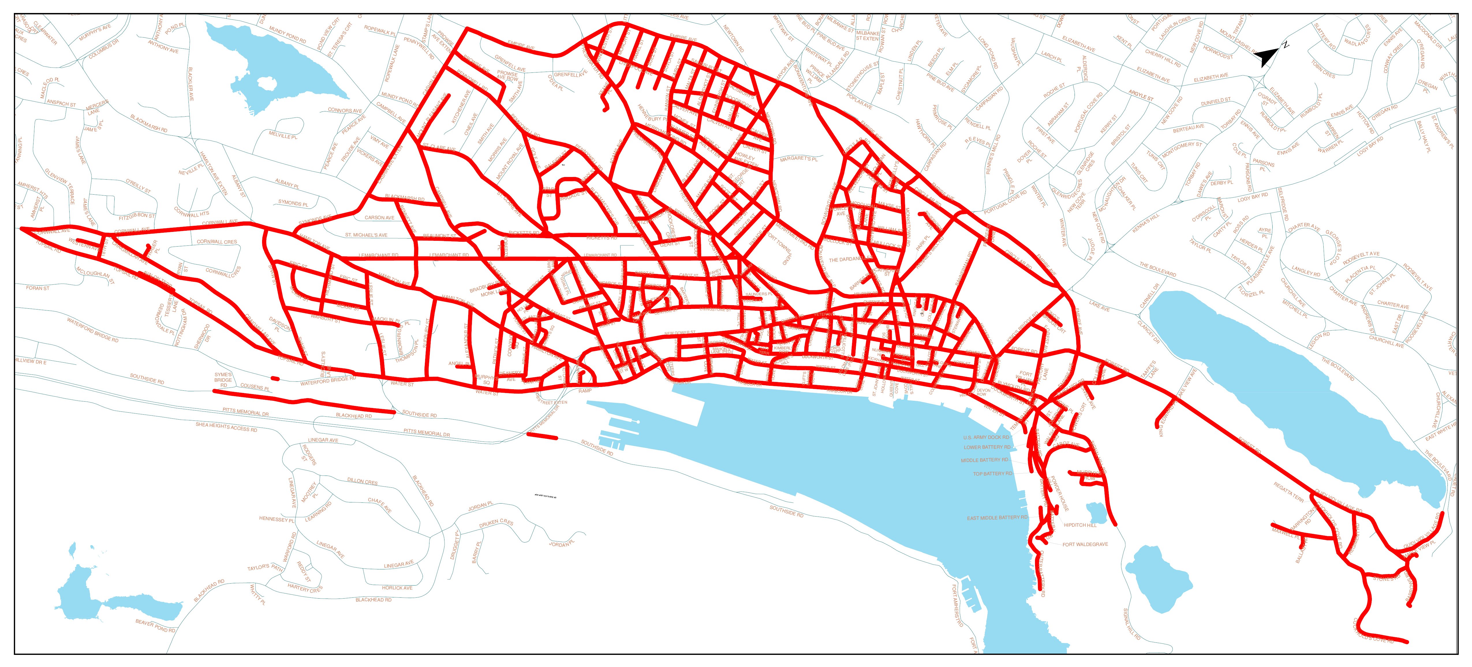 Map of area of Downtown St. John's for Winter On-street parking restrictions designated "Downtown" area