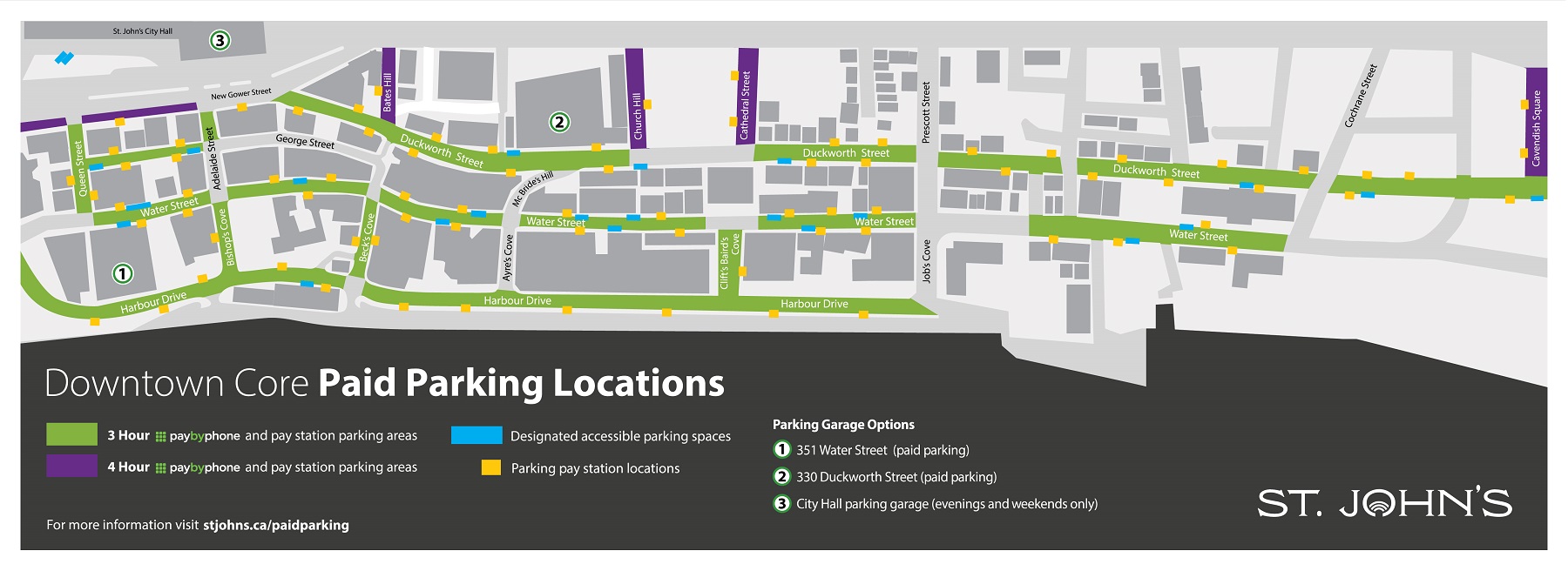 A map of downtown paid parking areas in St. John's