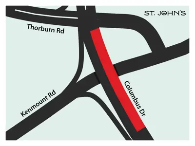 Map depicting lane closures on Columbus Drive above Kenmount Road