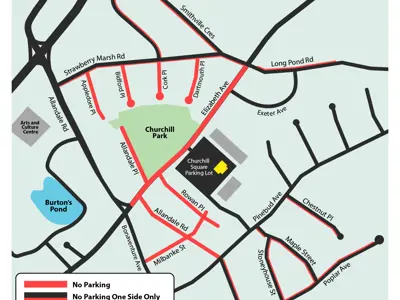 Map graphic depicting road closures and parking restrictions near Churchill Park.