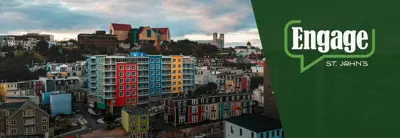 Cityscape with a green overlay containing the Engage St. John's logo