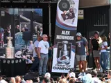 Mayor Danny Breen and Alex Newhook with Mary Brown's Centre Banner