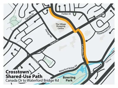 Map depicting the future Shared-Use Path route from Canada Drive to Waterford Bridge Road