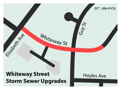 Map depicting construction on Whiteway Street from Elizabeth Avenue to approximately 97 Whiteway Street