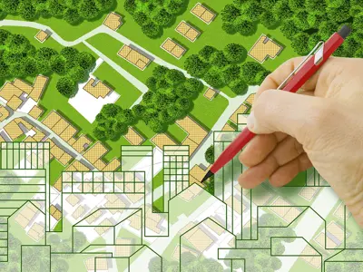 a hand holding a pen drawing buildings
