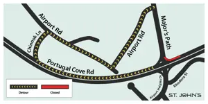Map depicting a detour near the Portugal Cove Road, Major's Path, Airport Heights Drive intersection