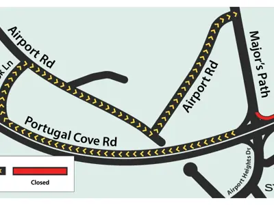 Map depicting a detour near the Portugal Cove Road, Major's Path, Airport Heights Drive intersection