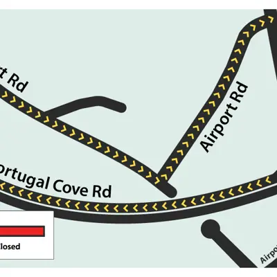 Map depicting a detour near the Portugal Cove Road, Major's Path, Airport Heights Drive intersection