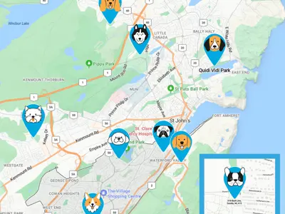 a map with markers for each dog park in the city 