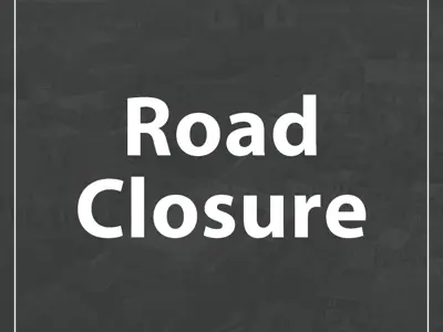 text "road closure" on a dark grey background with the City logo