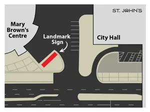a map showcasing the location of the landmark sign alongside Mary Brown Centre near City Hall