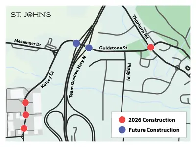 a map showing the areas on Kelsey Drive and Goldstone Street that will experience construction 