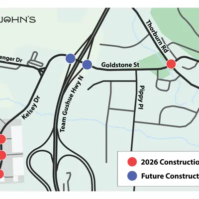 a map showing the areas on Kelsey Drive and Goldstone Street that will experience construction 