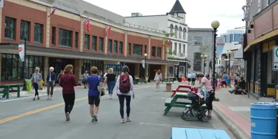 people gathering on the Downtown Pedestrian Mall