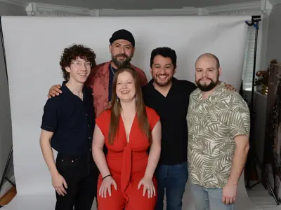 Image of five members of the band De La Paz Latin Quintet
