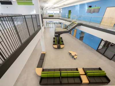 overhead view of seating area inside secured entrance at the Mews
