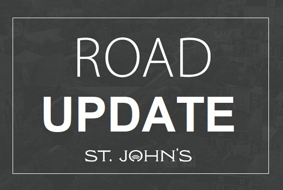 Dark background with white text "Road Update" and the St. John's logo